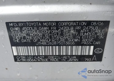 2007 Lexus Is 350 z USA, uszkodzony, nr VIN JTHBE262875013606